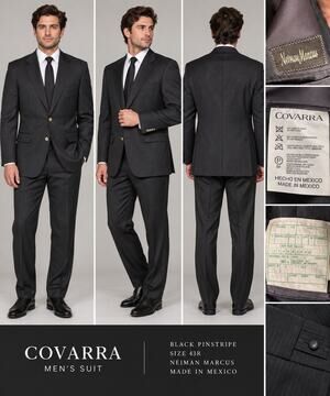 Covarra Men’s Suit 43R Black Pinstripe Neiman Marcus 2 Button Made in Mexico